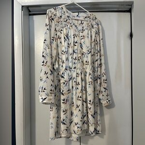 DR2 Cream Long-Sleeve Bird Print Dress